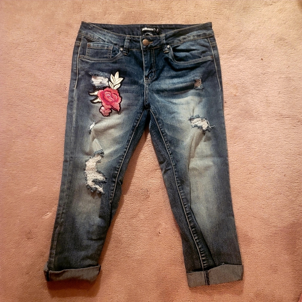 Final Price- Dollhouse Charley Midrise Ripped Denim with a Rose